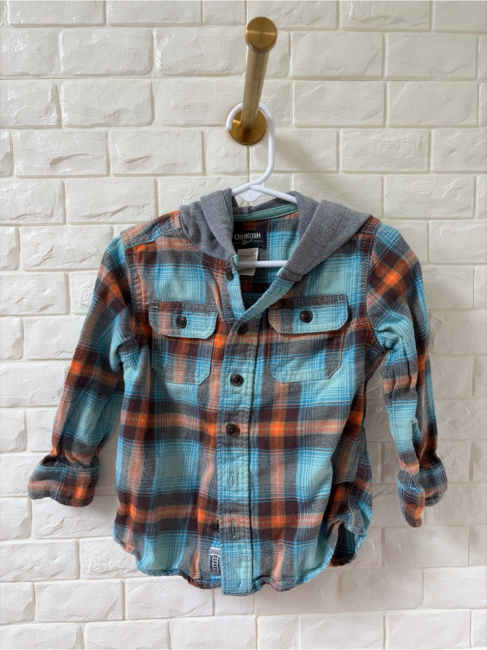 OshKosh B'gosh Blue & Orange Plaid Hooded Button-Down Shirt